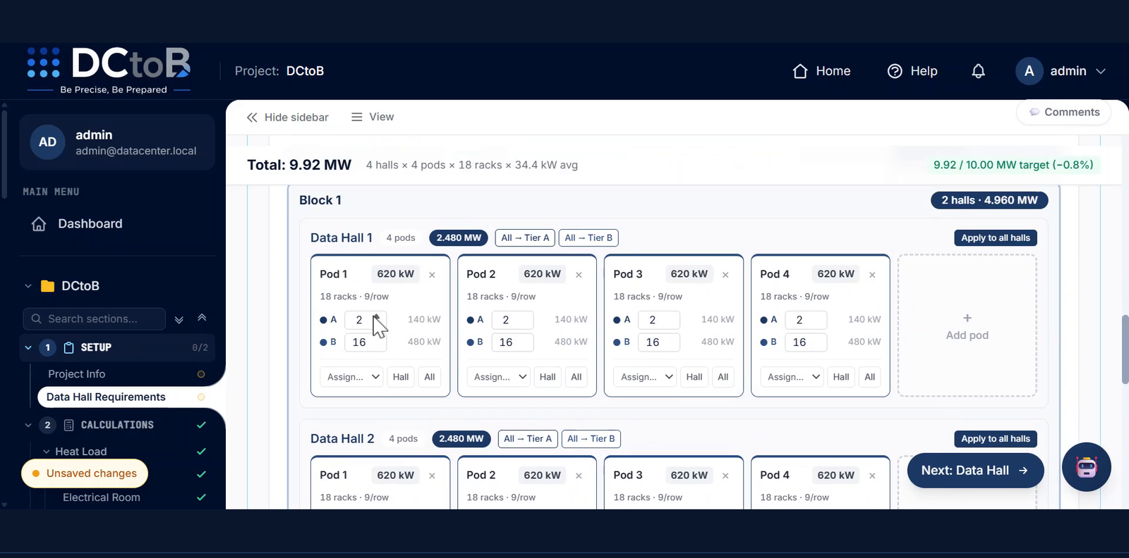 DCtoB capacity planning with data halls broken into pods and racks