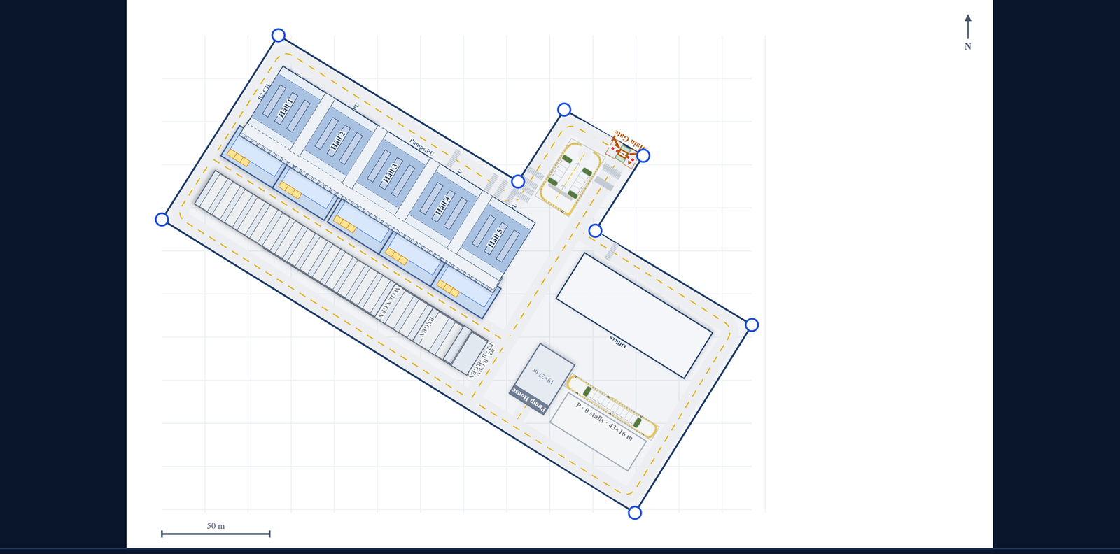DCtoB 2D site layout with halls, plant and access on the plot