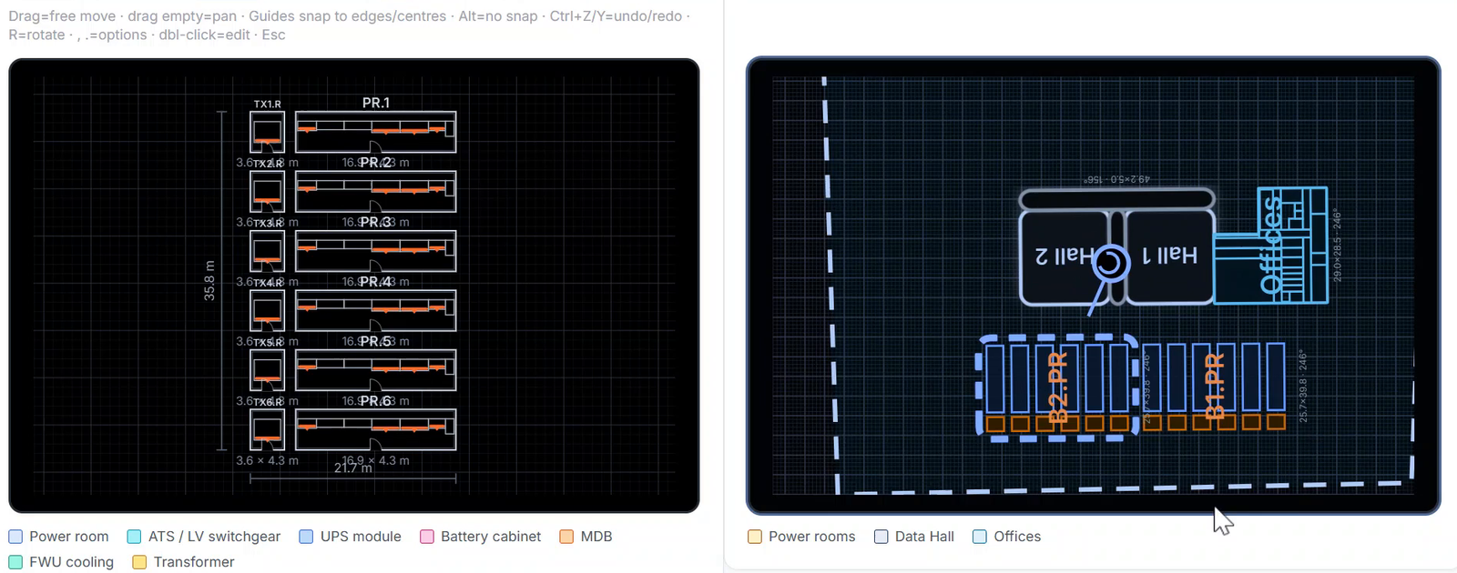 DCtoB power rooms laid out in 2D