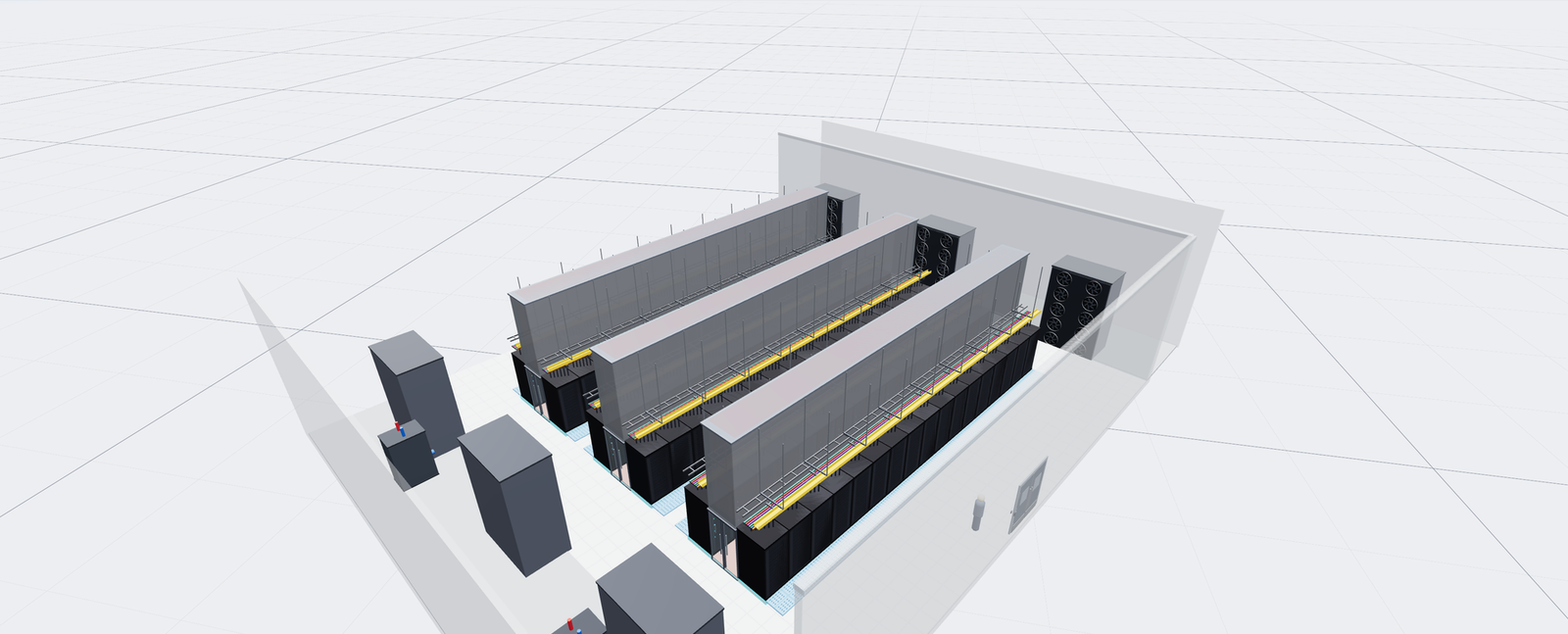 DCtoB data hall in 3D with rack rows and containment
