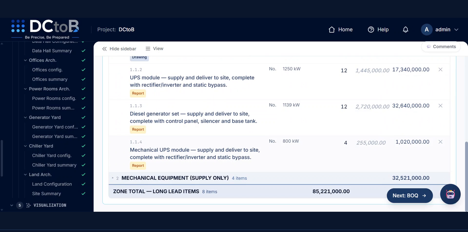 DCtoB concept-level bill of quantities