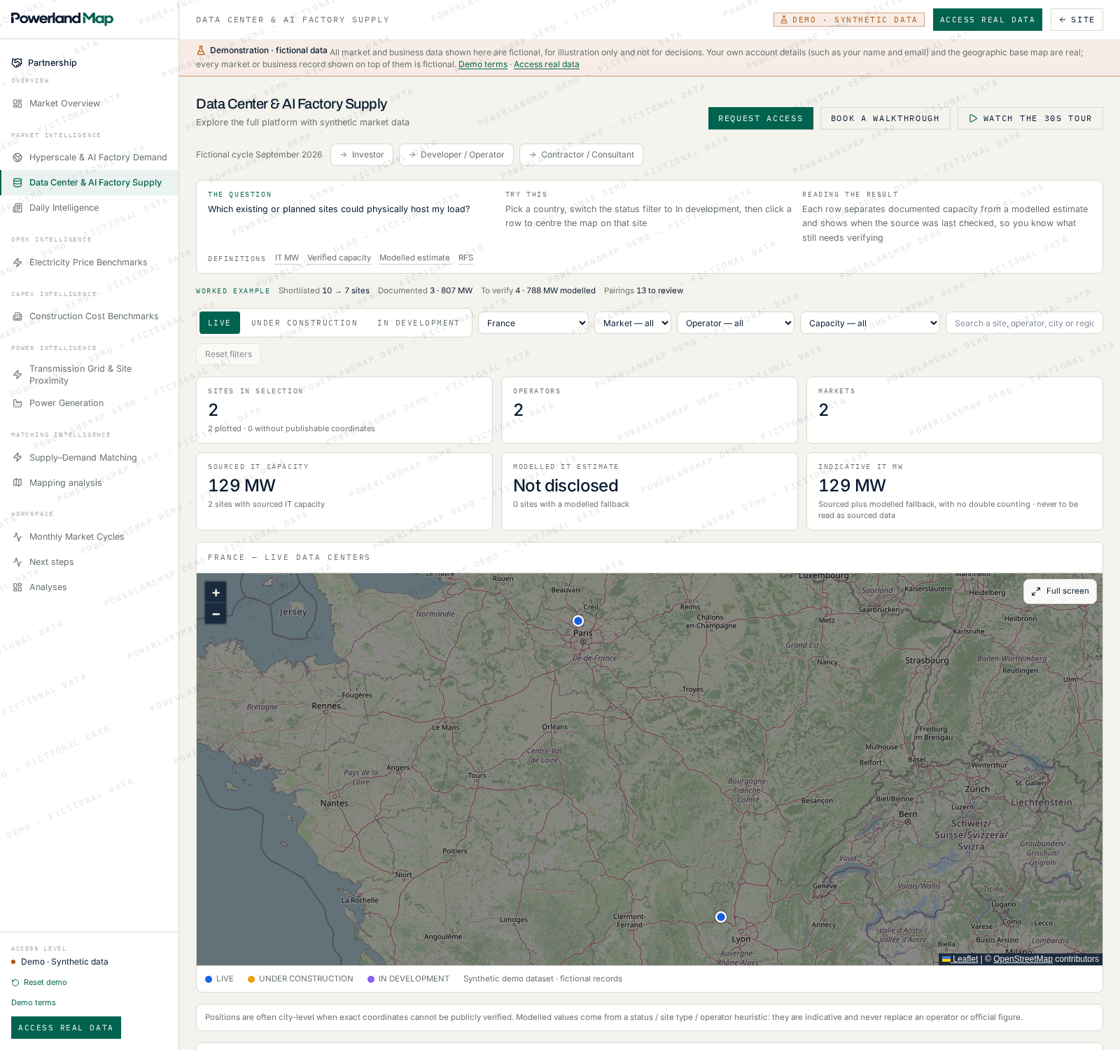 PowerlandMap supply explorer showing data centre sites and capacity