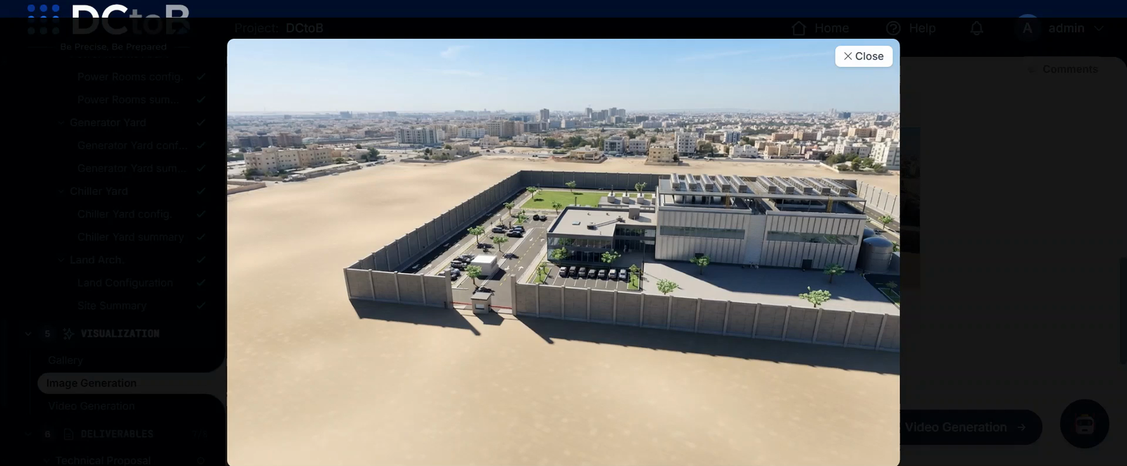 Photoreal AI-rendered view of the whole data center facility